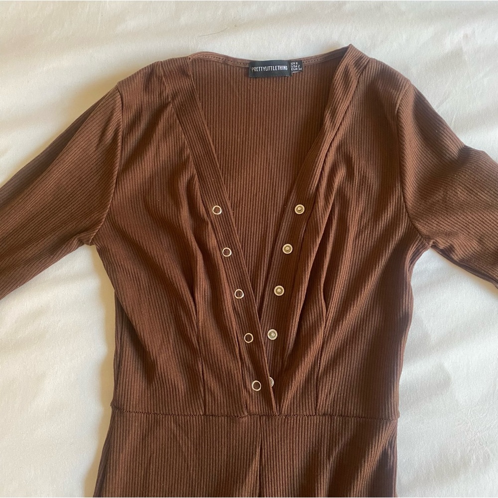 chocolate mocha brown long sleeve prettylittlething ribbed jumpsuit